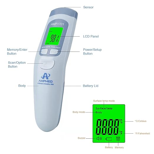 Amplim Color-Coded Display Premium Bundle Non-Contact Touchless Infrared Digital Forehead Thermometer