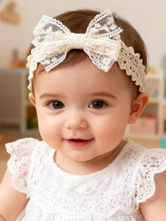 Baby Girls Bow Lace Headband Cute Soft Hairband White Butterfly Knot Headbands for Newborn Infants Toddlers Kids Christening Baptism Birthday Party Hair Accessories（Beige C）