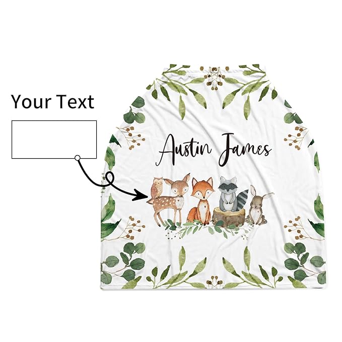 Personalized Baby Car Seat Cover Stroller Canopy: Custom Name Newborn Baby Boy Girl Elastic Animals Nursing Cover for Moms First Birthday Gift Woodland(one Size)