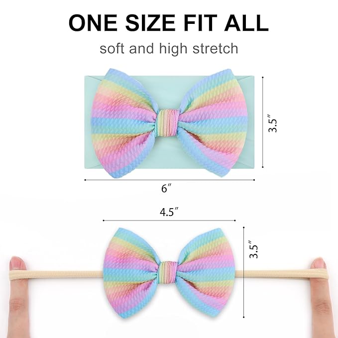 4.5'' Baby Bows Handmade Headbands 6'' Printed Tied Bow Elastic Nylon Hair Accessories for Baby Girls Newborn Infant 2 Pcs Striped Rainbow