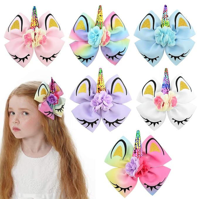 Girls Unicorn Hair Bows with Alligator Hair Clips Cheer Bows Hair Accessories for Kids Toddlers 6 Packs