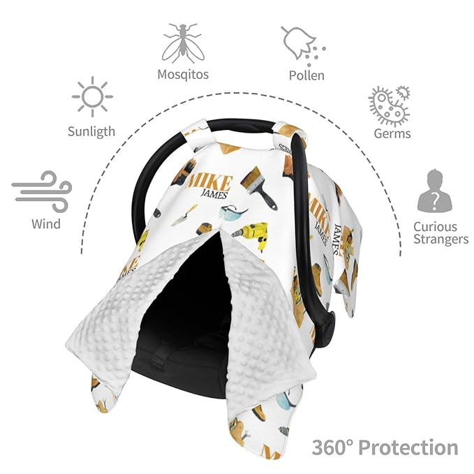 Personalized Baby Car Seat Canopy for Babies, Custom Name Baby Car Seats Covers for Boys Girls, Opening Minky Nursing Breastfeeding Cover for Infant Newborn, Carseat Canopies (Tools)