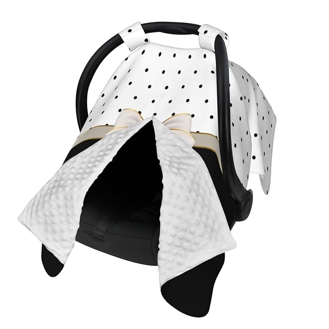 Black White Polka Dot Bow Car Seat Canopy Cover, Universal Fit for Infant Car Seats，Breathable,Multi-Use Nursing Cover, Gift Ready