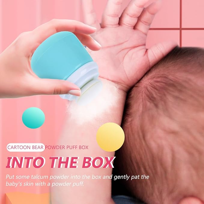 OSALADI Cartoon Bear Baby Powder Puff Box Infant Talcum Powder Container with Puff Portable Loose Dispenser for Baby Skin Care 3.93X2.75X2.75In