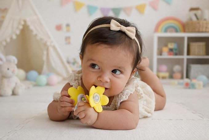 Standing Flower Silicone Baby Rattle Teether – 5 Textured Petals for Gum Relief | Colorful Bead Rattle | Easy-Grip Handle | BPA-Free, Phthalate-Free | Sensory Toy 3-36 Months