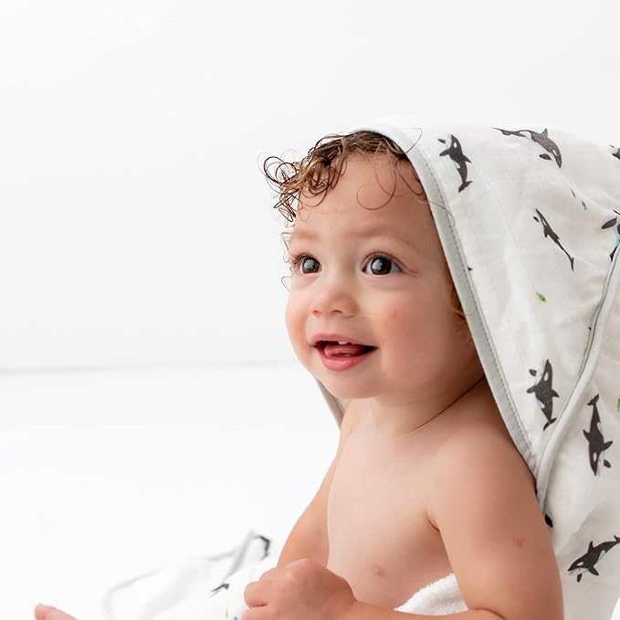 Bamboo Viscose Baby Hooded Towel & Washcloth Set for Babies and Toddlers, Soft & Absorbent, 70% Viscose from Bamboo, 30% Cotton Muslin - Imported (Orca)