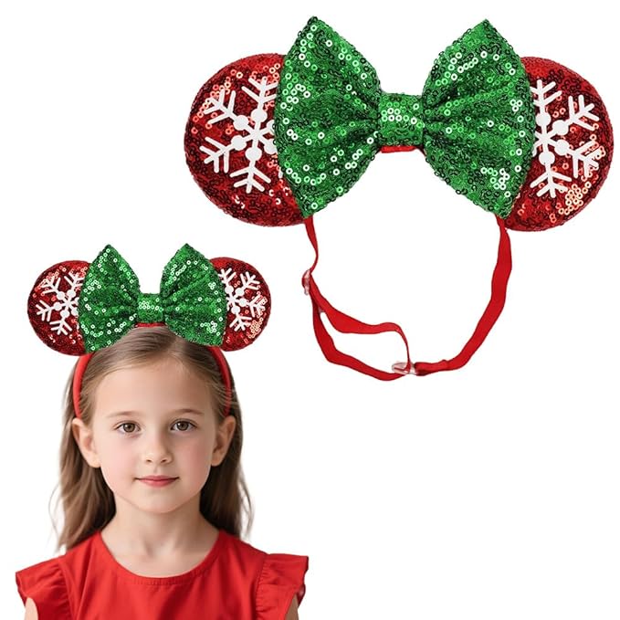 Christmas Red&Green Bow Adjustable Mouse Ears Headband, Elastic Hair Bow Hairband for Infant Toddlers Teens Baby Girls