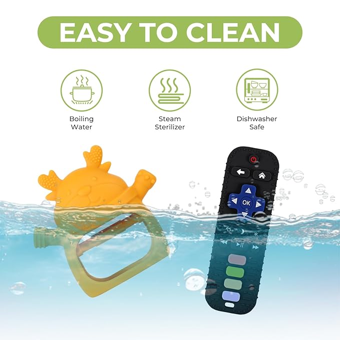 Teething Toys 3-18 Months Baby Teether Toy Toddler Remote Teether for Babies Silicone Hand Teether Mitten Control Remote Teething Glove Set, BPA Free