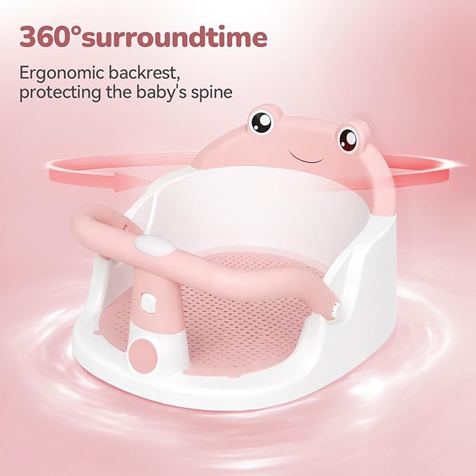 Baby Bath Seat for Babies 6 Months & Up - One-Handed Snap-On Armrest Baby Bath Chair | 4 Suction Cup Non-Slip Baby Bathtub Seat with Storage Bag | Ergonomic Infant Bath Seats for Baby Sitting Up Pink