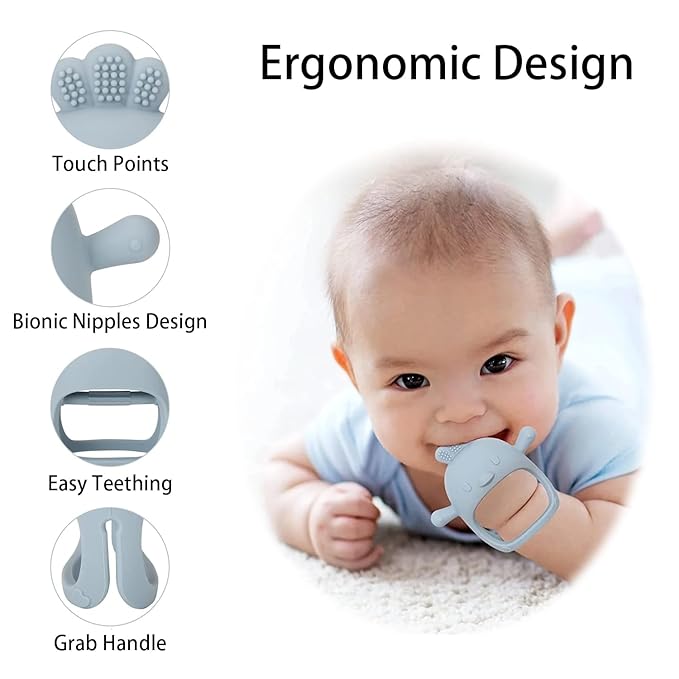 2 Pack Baby Teether Toy, BPA Free Silicone Mitten Glove Teether for Sucking Needs, Baby Teething Toys 0-3-6-12 Months, Hand Pacifier Chew Toys for Teething Pain Relief (Beige & Blue)