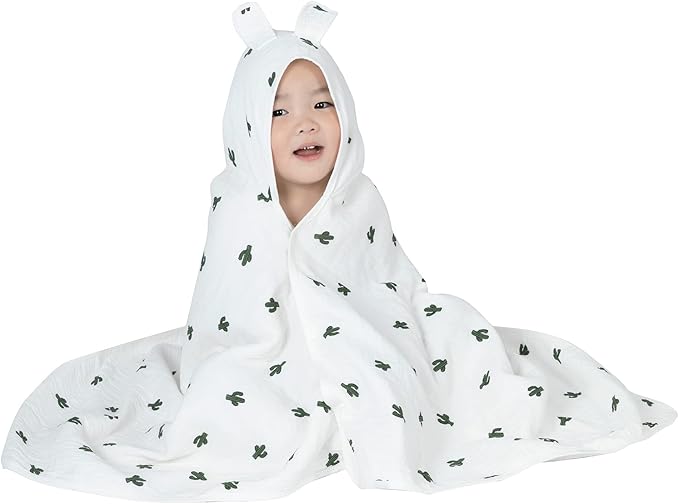 Hooded Towel Muslin Hooded Towel Made from Organic Cotton 6-Layer Cotton Bath Towel, Soft Bath Towels 25x51inches for Toddler Baby Kids Cactus