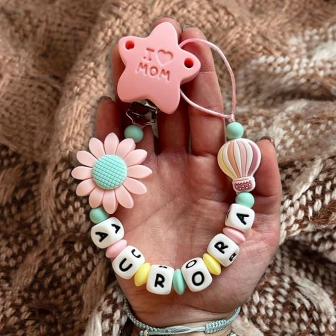 Personalized Baby Name Pacifier Clip Dummy Soother Pacifier Flower Clip Holder Strap Chain Gift (Flower 3)