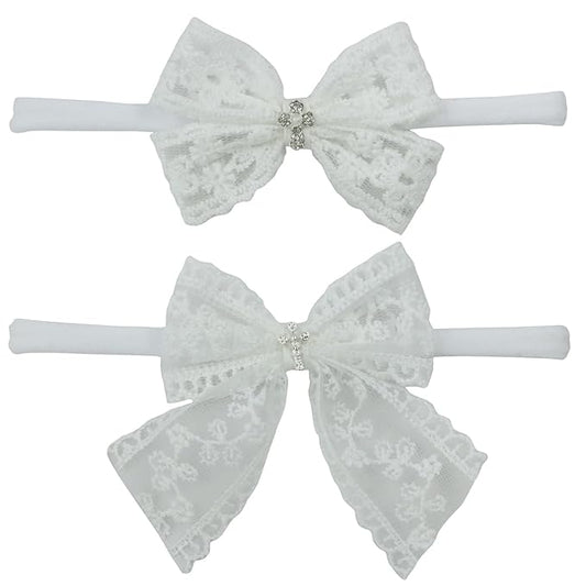Nihao Baby Off White Lace Bow Small Baptism Headband for Baby Girls -2 PCS