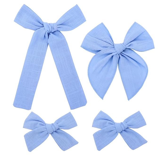 3 Styles Hair Bow Clips for Little Girls Toddler Baby Mom Women Hair Barrettes Accessories 4 Pcs Cotton Linen Bows Blue