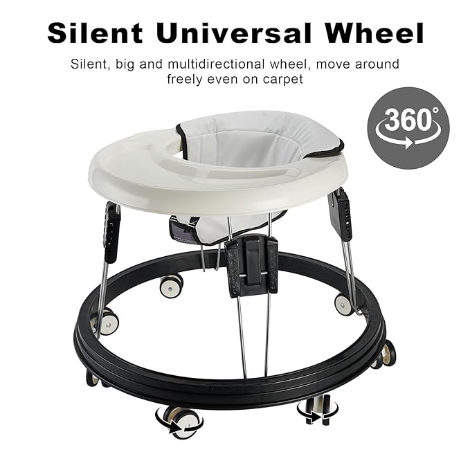 Adjustable Baby Walkers for Baby with Easy Clean Tray, Universal Wheeled Walker, Anti-Rollover Folding Walker for Girls Boys 6-18Months Toddler (White)
