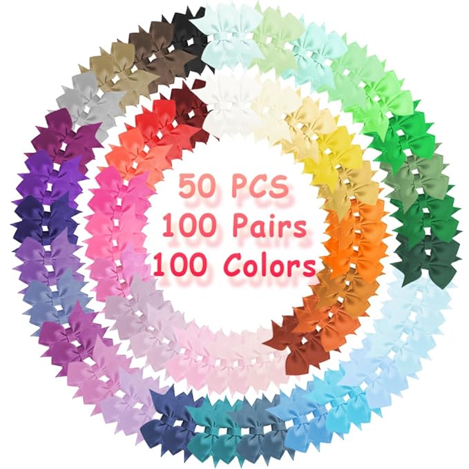 Baby Hair Clips, 100PCS 2" Fully Lined Hair Bows for Girls, Toddler Hair Accessories, Alligator Hair Clips for Girls Toddlers Baby Kids Teens (50 Colors in Pairs）