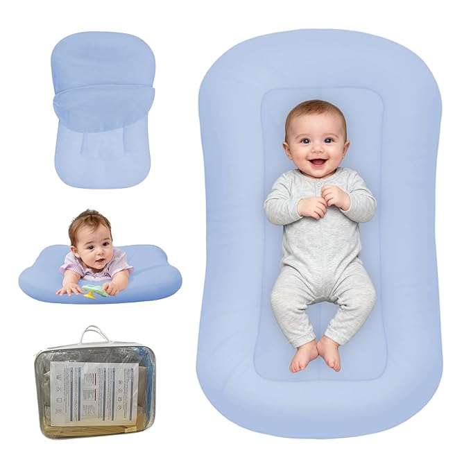 Baby Lounger for Newborn, Bionic Design Baby Lounger, Soft Organic Cotton Breathable Lounger for Infants 0-18 Months (Blue)