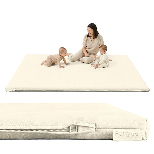 Vegan Leather Baby Play Mat, 79x59 Thicken Foam Play Mat for Infants and Toddlers, Padded & Cushioned Playpen Mat for 79x59 Playpens, 1.2" Thick, Cream