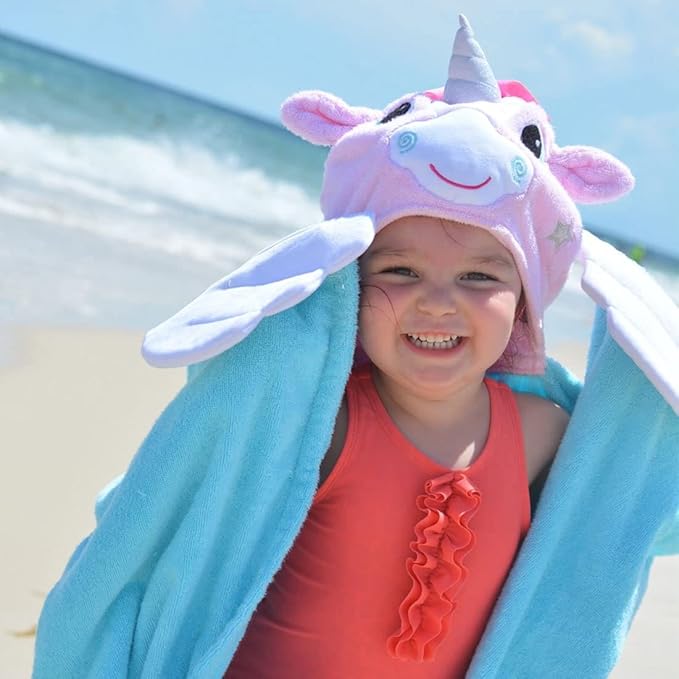 ZOOCCHINI Hooded Bath Towel for Kids 100% Cotton Terry, Plush & Absorbent for Bathtime or Pool, 50" x 22" 2-6 Years, Allie the Alicorn