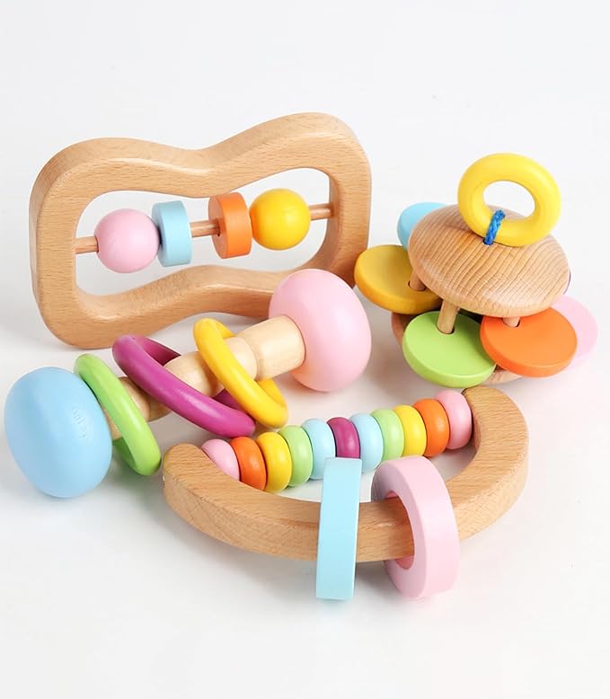 6 PCS Wooden Baby Rattle, Organic Colorful Baby Hand Rattles Set, Wood Rattles for Babies 0-6-12 Months, Wooden Teether Crochet Rattle Toy for Newborn Infant, Montessori Toys for Babies 0-6 Months