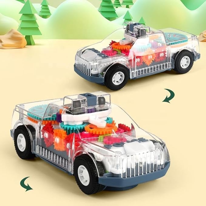 Nenekal Transparent Electric Police Car Gear Toy with Flashing Lights & Music, Automatically Changes Direction, Toddler Gift, for Boys Girls 3+, STEM Tummy Time