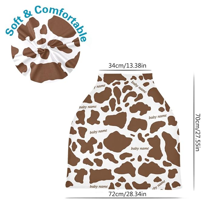 Personalized Baby Car Seat Cover for Babies, Custom Name Baby Car Seats Canopy for Boys Girls, Nursing Breastfeeding Stroller Covers for Infant Newborn, Shower Gift (Cow Print Brown)