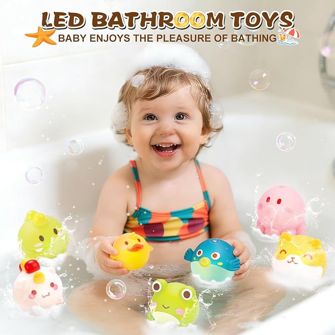 8Packs Light-up Floating Baby Bath Toys Set, Water Bathtub Shower Pool Swimming Toy for Boys Girls, Flashing Colourful LED, Kids Birthday Christmas Toy Gifts