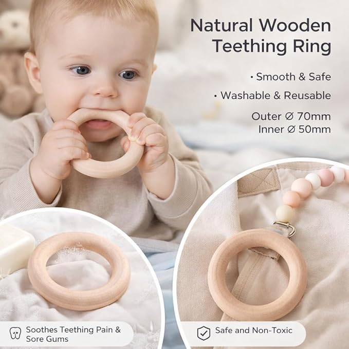Wood Teething Rings 10Pcs Baby Infant Teether Wooden Bracelet DIY Craft Pacifiers Teethers Relief Accessories Pendant Connector