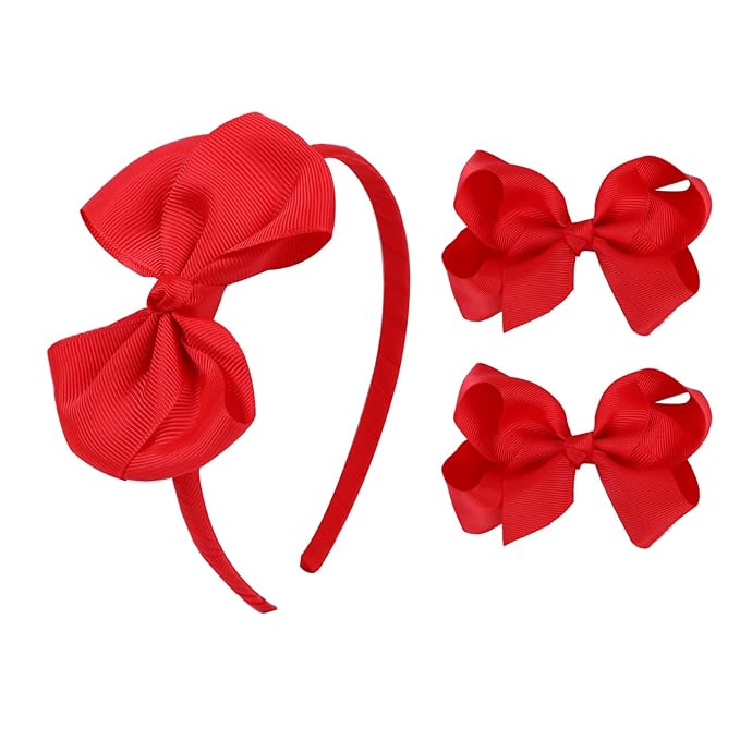 Bow Headband & 2 Pcs 4 Inch Hair Bows Set, Black School Hair Accessories for Little Toddler School Girls (Red)