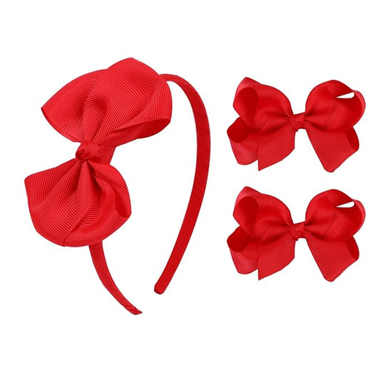 Bow Headband & 2 Pcs 4 Inch Hair Bows Set, Black School Hair Accessories for Little Toddler School Girls (Red)