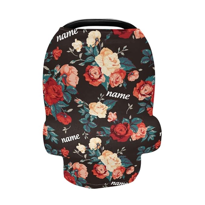 Personalized Baby Car Seat Cover for Babies, Custom Name Baby Car Seats Canopy for Girls, Nursing Breastfeeding Stroller Covers for Infant Newborn, Shower Gift (Red Flower)