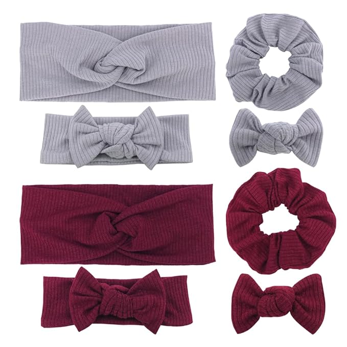 Sugarmelon Mommy and Me Headband Set Mother Baby Matching Turban Headbands for Toddler Baby Girls Women Scrunchies Hair Bow Hairbands (Silver/Wine)