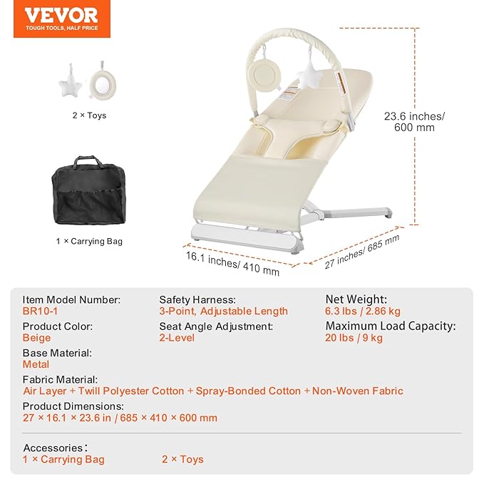 VEVOR Baby Bouncer, Folding Bouncer Seat for Babies 0-9 Months, Portable Baby Bouncer Seat with 2 Reclining Angles, Rotatable Toy Bar & Carrying Bag, Ideal for Indoors Outdoors, Beige