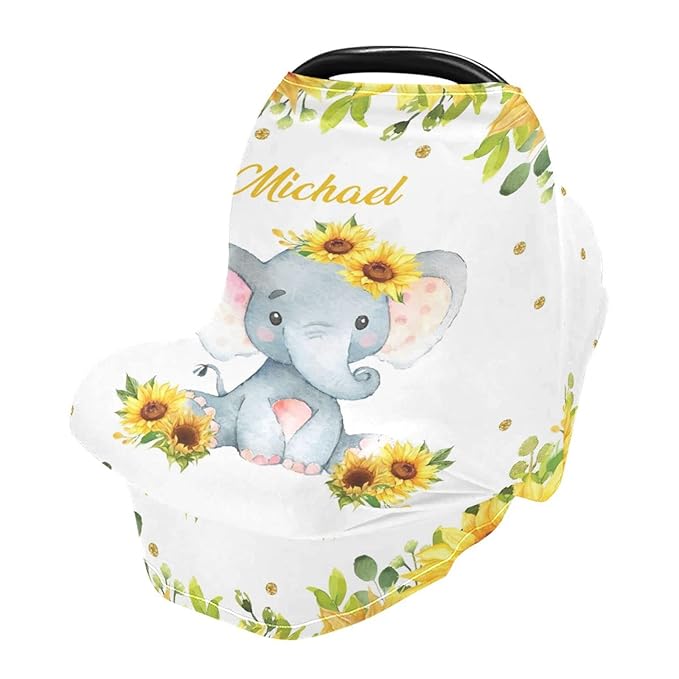 Personalized Baby Car Seat Covers with Name, Custom Nursing Cover Breastfeeding for Babies, Carseat Canopy for Girls and Boys, Infant Stroller Cover, Breathable Carseats Cover (Elephant Sunflower)
