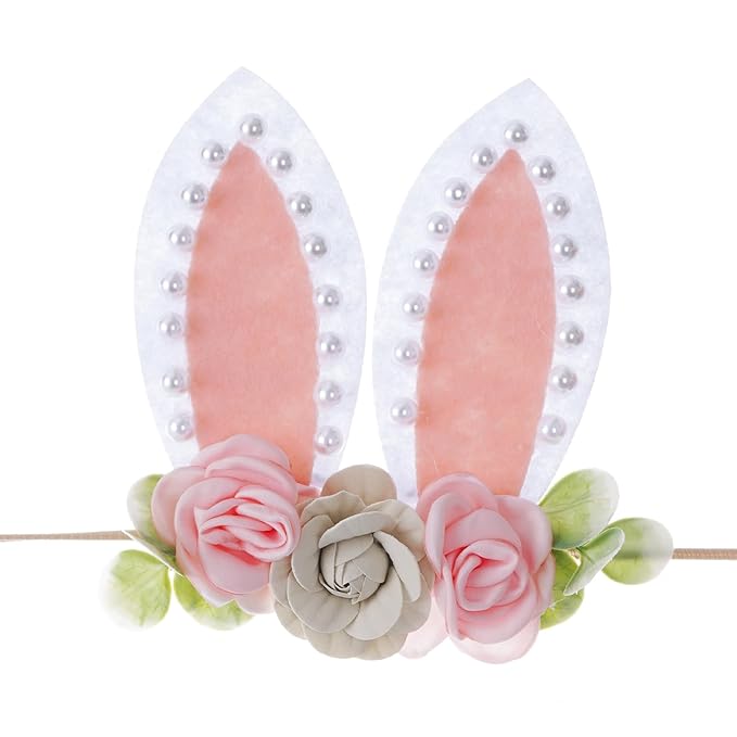 baotongle Pearl Bunny Headband Bunny Rose Ears Easter Headbands Baby Girls Flower Spring Newborn Toddler Infant Bunny Headbands