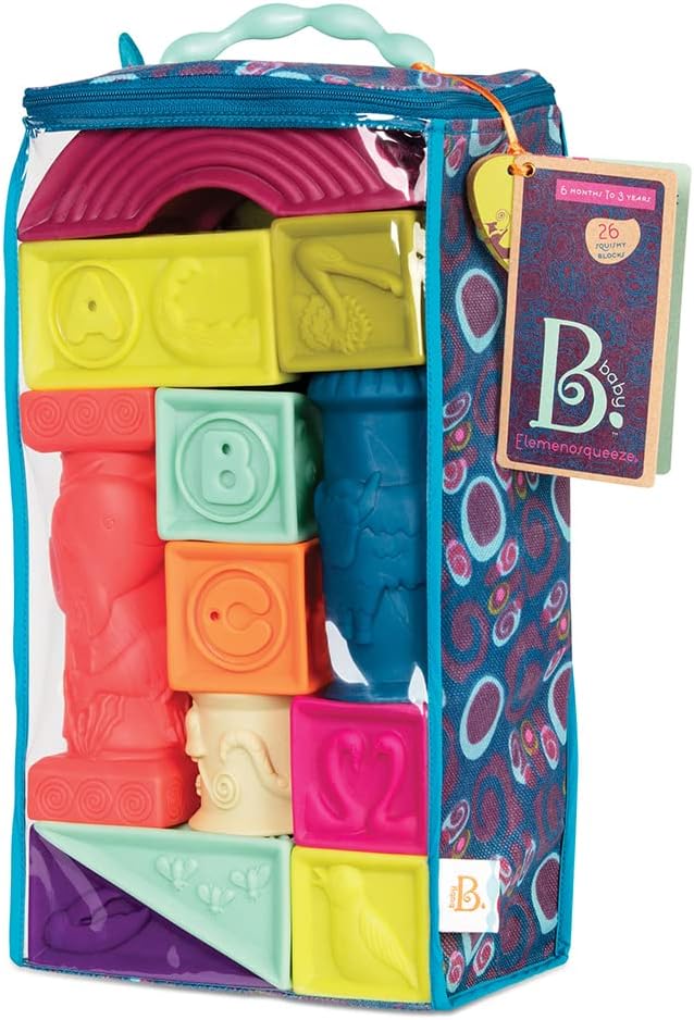 B. toys – Elemenosqueeze – Baby Blocks – 26 Soft Sort & Stack Blocks with Alphabet – Architectural Building Blocks – Shapes, Letters & Animals – 6+ Months