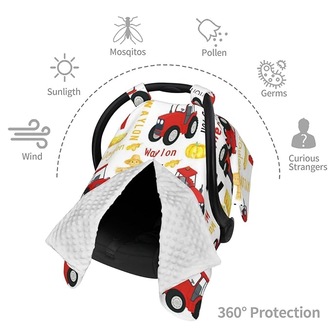 Personalized Red Tractor Baby Car Seat Cover for Boys, Custom Strollers Carseat Canopy with Name, Nursing Covers for Breastfeeding, Multiuse Car Seat Canopies for Newborn Infant
