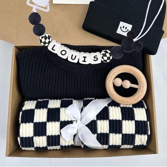 Personalized Pacifier Clip with Name Black Checkered Pacifier Holder Custom Name for Boy Mom Gift (Checkered)
