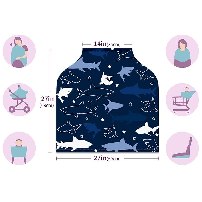 Baby Car Seat Stroller Covers Sharks Nursing Cover Breastfeeding Scarf Soft Breathable Stretchy Infant Car Canopy Coverage Carseat Cover for Boys and Girls Multi Use