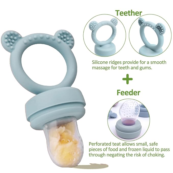 JEXFUN Baby Fruit Food Feeder Pacifier | Silicone Feeder and Teether for Infant Safely Self Feeding | Baby Teething Relief Toy Teether | Includes Additional Silicone Sacs, BPA Free (Pink)