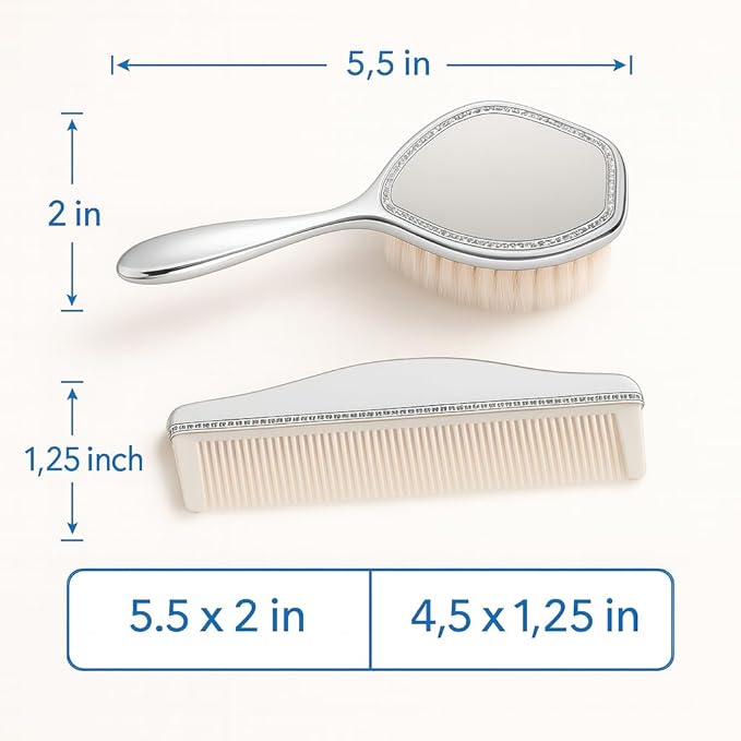 Engraved Silver-Plated Brush & Comb Set – Newborn Grooming Kit, Soft Bristle Hairbrush, Custom Baby Keepsake Gift for Baby Shower, Christening, Baptism.