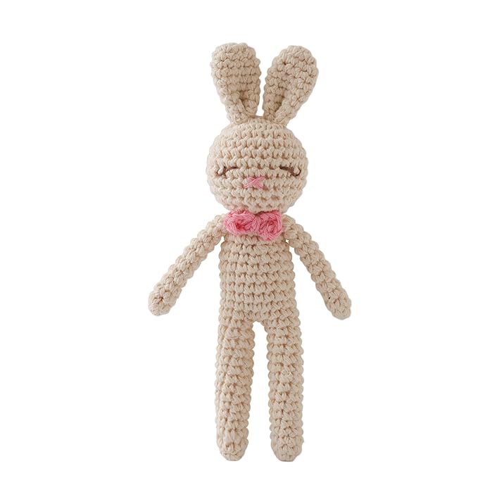 Moyii Handmade Crochet Bunny Baby Rattle - Soft Cotton Amigurumi Sensory Shaker Toy for Newborns & Infants - Easy Grip Lovey Sleep Toy & Neutral Nursery Decor Shower Gift