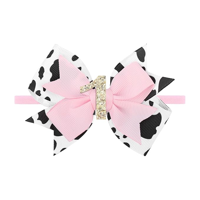 YanJie 4'' Baby Girl Birthday Hair Bow for 1 Year Old Newborns Glitter Cow Print Infant Headbands Sprinkle First Birthday Hair Accessories Pink Bows