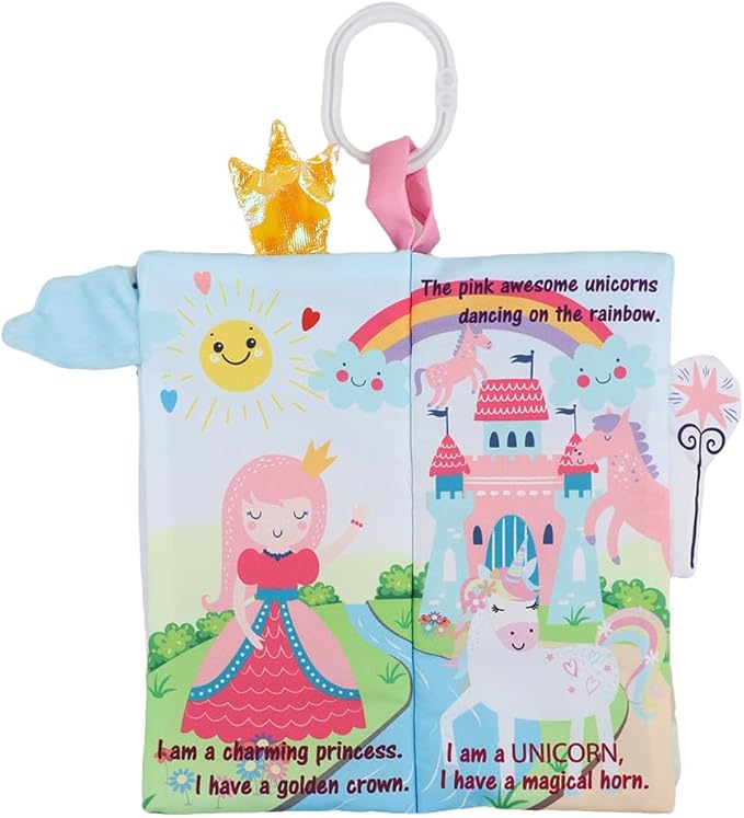 bebe mondo Unicorn Baby Books 0-6 Months Toys 6 to 12 Months, Touch Feel Cloth Crinkle Books for Babies,Infants, Soft Sensory Stroller Toys, Easter Baby Gifts Shower Items, Chweing Book (Princess)