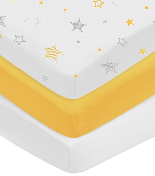 American Baby Company 3 Pack 100% Natural Cotton Fitted Pack and Play Sheets 39" x 27" - Soft & Breathable Pack N Play Sheets for Playard & Mini Crib Mattress, Yellow Star/Yellow/White, for Boy & Girl