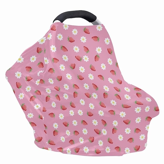 Carseat Cover for Babies, All Weather Breathable Infant Carseat Cover Lightweight Baby Carrier Cover for Girls Boys, Strawberry Daisy