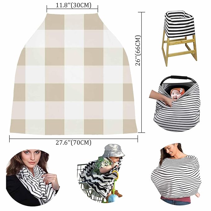 Beige White Plaid Car Seat Covers for Babies, Modern Geometric Checkered Lattice Nursing Breastfeeding Covers Stretchy Breathable Baby Carseat Canopy Cover for Girls and Boys Shower Gifts