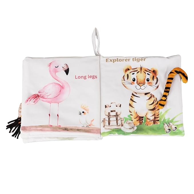 Ali+Oli Baby Cloth Book – Soft Sensory Crinkle Book with Textured Tails for Infants 0-12 Months – Early Learning Touch & Feel Tummy Time Toy – Newborn Shower Gift - Safari Friends