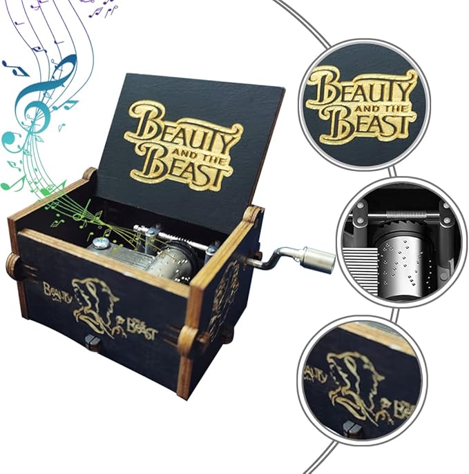 Beauty & Beast Music Box, Wooden Hand Crank Music Box, Wooden Toys for Movie Fans, Gifts for Kids/Sons/Daughters, Perfect for Valentine's Day, Birthday, Halloween and Christmas. (Beauty and the Beast