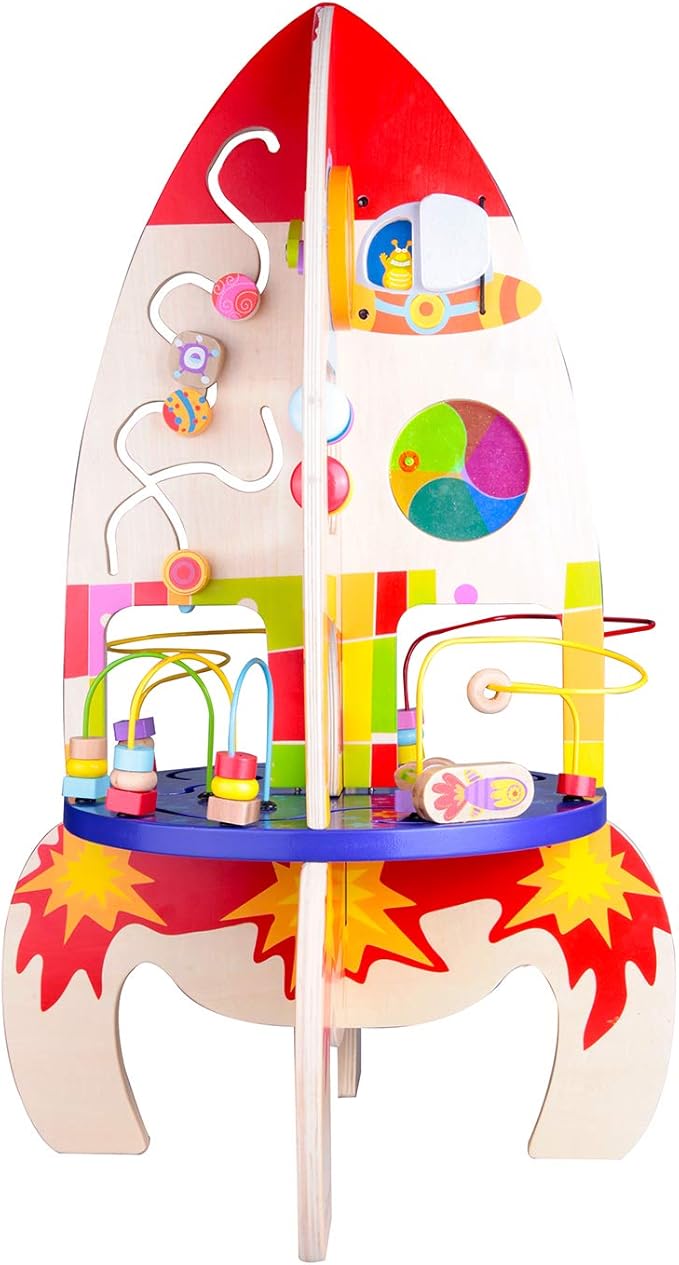 Classic World Wood Multi Activity Rocket Educational Toy for Toddlers with Bead Coaster Gear Game and Baby-Safe Mirror Eco-Friendly Wooden Activity Set Ideal for Ages 18 Months and Up